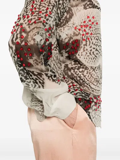 Dries Van Noten Abstract Print Beaded Collared Sheer Shirt In Neutral