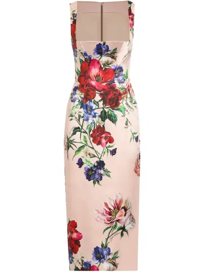 Dolce & Gabbana Flower Print Satin Sheath Longuette Dress