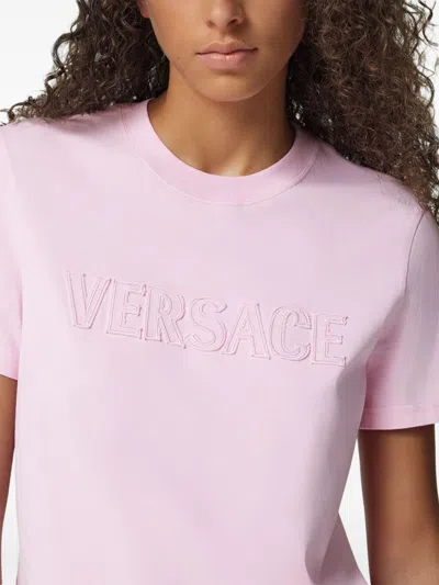Versace Fringed Logo T-shirt For Casual Style In Pink