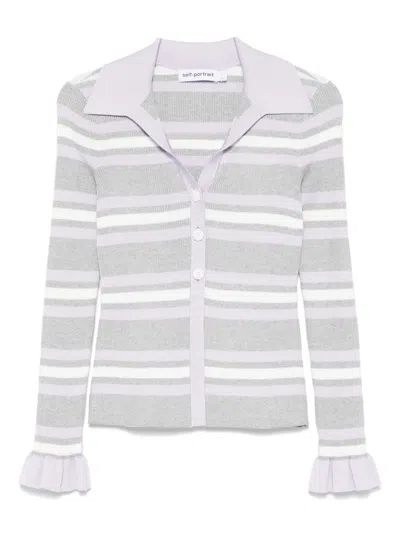 Self-portrait Grey Cardigan With Spread Collar And All-over Striped Motif In Viscose Blend Woman In Multi