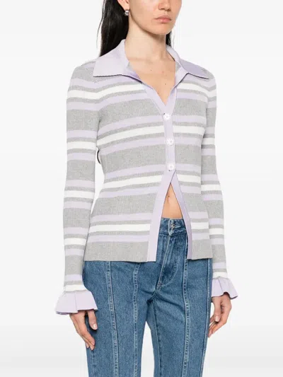 Self-portrait Grey Cardigan With Spread Collar And All-over Striped Motif In Viscose Blend Woman In Multi
