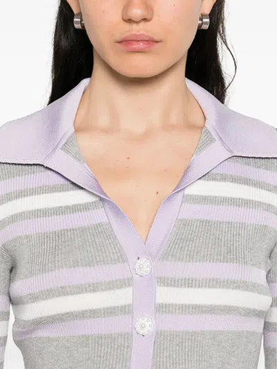 Self-portrait Grey Cardigan With Spread Collar And All-over Striped Motif In Viscose Blend Woman In Multi