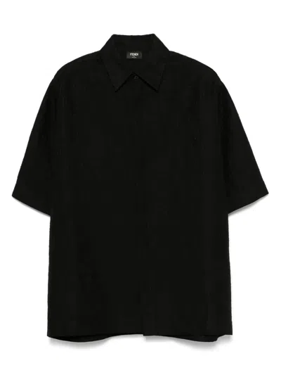 Fendi Men Black Oversize Shirt With Short Wide Sleeves And All-over Ff Embroidery In Linen Blend Man