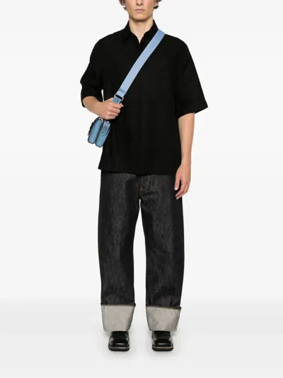 Fendi Men Black Oversize Shirt With Short Wide Sleeves And All-over Ff Embroidery In Linen Blend Man
