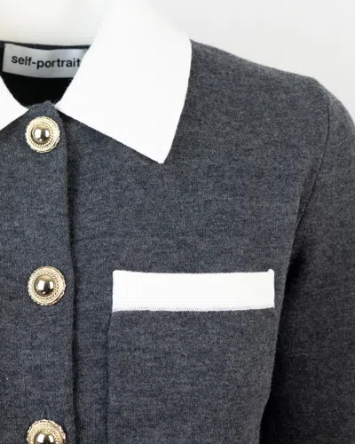 Self-portrait Fitted Grey Knit Sweater With Button-down Front In Gray