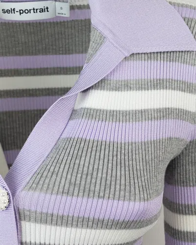 Self-portrait Grey Cardigan With Spread Collar And All-over Striped Motif In Viscose Blend Woman In Multi