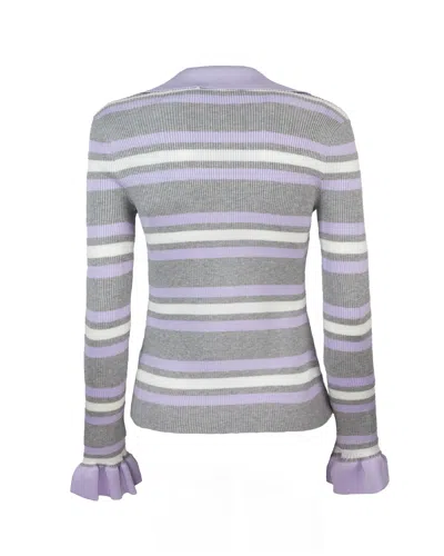 Self-portrait Grey Cardigan With Spread Collar And All-over Striped Motif In Viscose Blend Woman In Multi