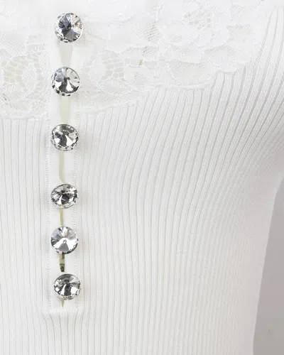 Self-portrait Lace Trim Rib Knit Viscose Blend Top In White
