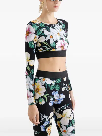 Dolce & Gabbana Activewear Crop Top In Floral-print Jersey In Black