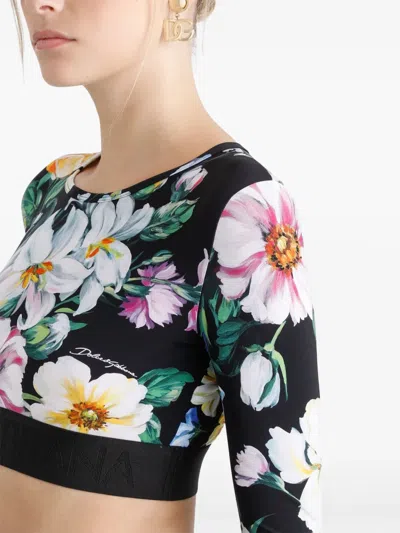 Dolce & Gabbana Activewear Crop Top In Floral-print Jersey In Black