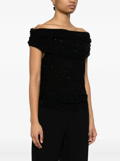 Roberto Collina Wool Top With Micro Sequins And Draped Detail In Black