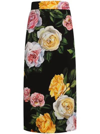 Dolce & Gabbana Peony And Rose Print Charmeuse Longuette Skirt In Multi