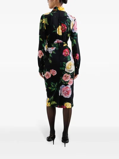 Dolce & Gabbana Peony And Rose Print Charmeuse Longuette Skirt In Multi