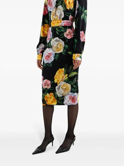 Dolce & Gabbana Peony And Rose Print Charmeuse Longuette Skirt In Multi
