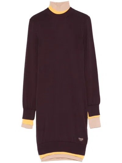 Fendi Mini Wool Dress With Contrasting Details In Burgundy