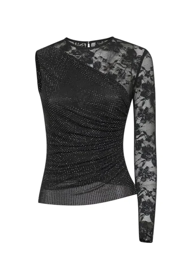 Self-portrait Self Portrait Women Black Rhinestone Mesh And Lace Top In Black