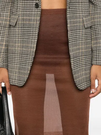 Saint Laurent Paris Women Sheer Silk Knitted Pencil Skirt In Brown