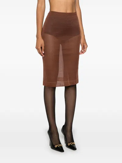 Saint Laurent Paris Women Sheer Silk Knitted Pencil Skirt In Brown