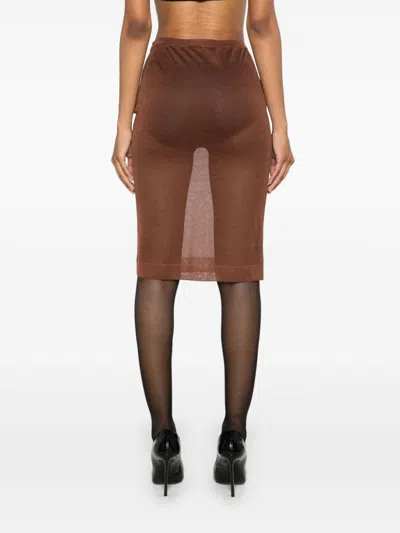 Saint Laurent Paris Women Sheer Silk Knitted Pencil Skirt In Brown