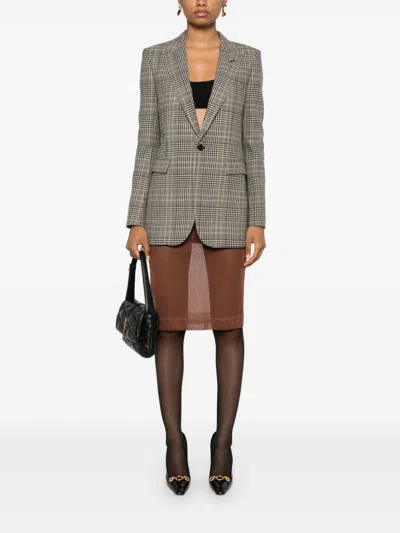 Saint Laurent Paris Women Sheer Silk Knitted Pencil Skirt In Brown