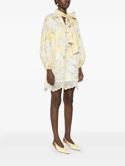 Zimmermann Delicate Floral Playsuit With Removable Belt And Ruffled Edges In Yellow