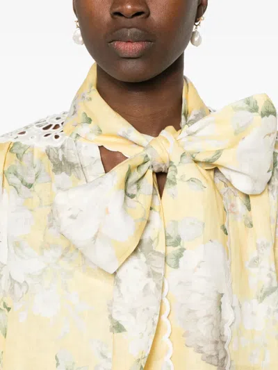 Zimmermann Delicate Floral Playsuit With Removable Belt And Ruffled Edges In Yellow