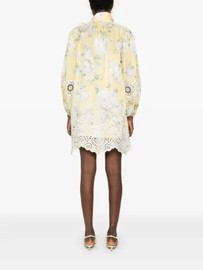 Zimmermann Delicate Floral Playsuit With Removable Belt And Ruffled Edges In Yellow