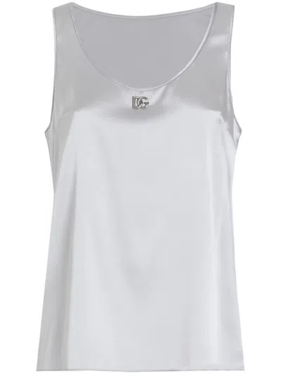 Dolce & Gabbana Silk Satin Tank Top With Dg Logo Pin In Gray