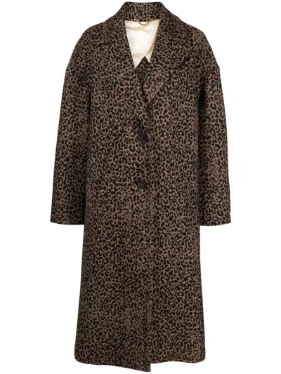 Golden Goose Single-breasted Cocoon Wool Coat With Jacquard Motif In Brown