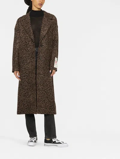 Golden Goose Single-breasted Cocoon Wool Coat With Jacquard Motif In Brown