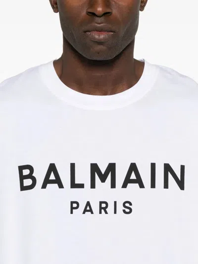 Balmain White Crewneck T-shirt With Contrasting Logo Lettering Print In Cotton In White
