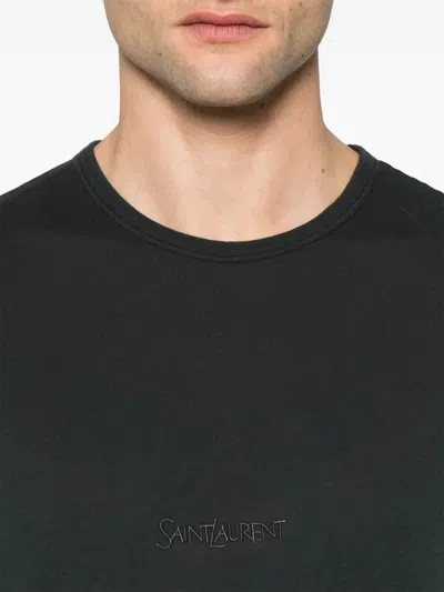 Saint Laurent Dark Grey T-shirt With Logo Lettering On The Front Tone-on-tone In Cotton Man In Animal Print