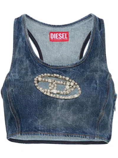 Diesel Blue Crop Top In Cotton Blend In Blue