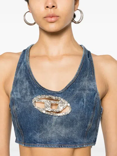 Diesel Blue Crop Top In Cotton Blend In Blue