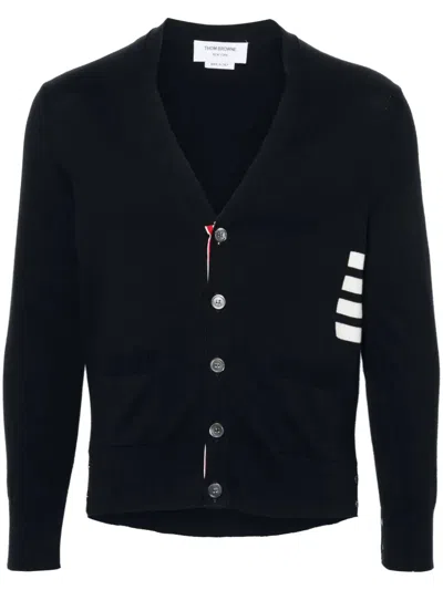 Thom Browne Cotton V-neck Cardigan With 4 Bar Stripe In Black