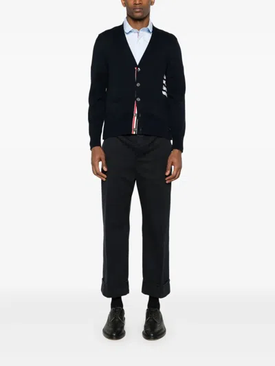 Thom Browne Cotton V-neck Cardigan With 4 Bar Stripe In Black