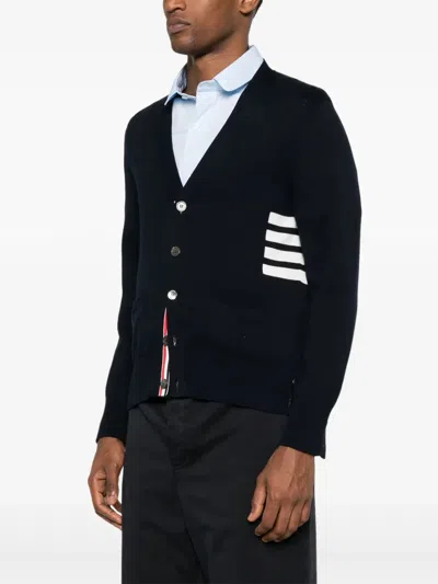Thom Browne Cotton V-neck Cardigan With 4 Bar Stripe In Black