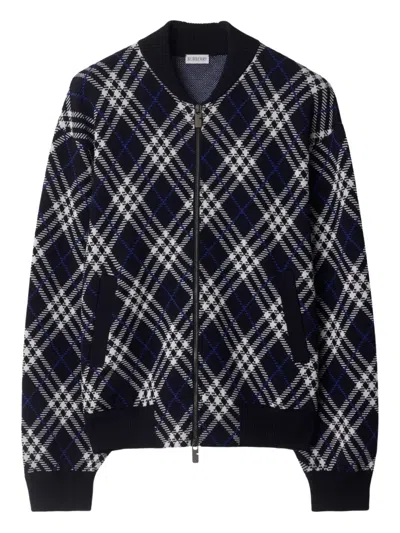 Burberry Mens Ink Ip Chk Check-weave Knitted Bomber Jacket In Blue