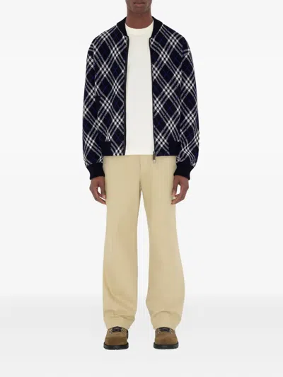 Burberry Mens Ink Ip Chk Check-weave Knitted Bomber Jacket In Blue