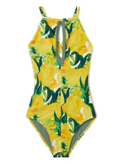 花卉印花挂脖连体泳衣