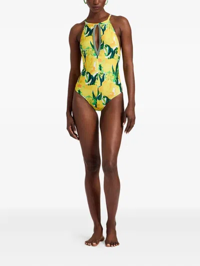 花卉印花挂脖连体泳衣