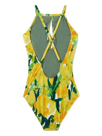 花卉印花挂脖连体泳衣