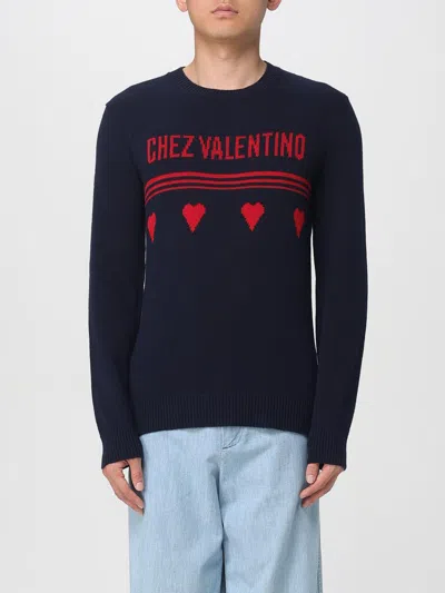 Valentino Wool Sweater Heart Motif In Blue