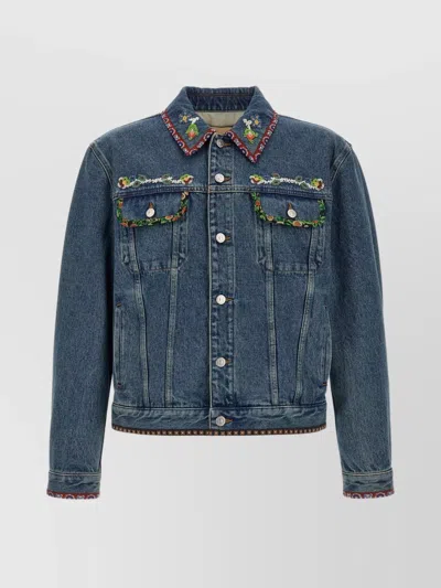 Valentino Denim Jacket With Multicolor Embroidery In Blue