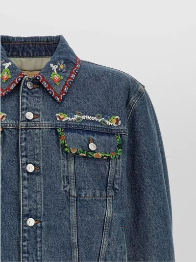 Valentino Denim Jacket With Multicolor Embroidery In Blue