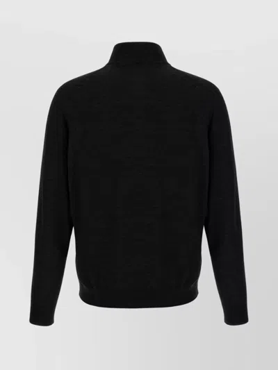 Kiton Wool Long Sleeve Polo With Ribbed Cuffs And Hem In Black