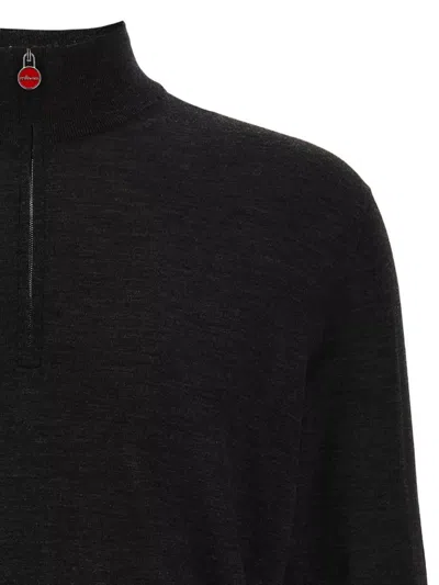 Kiton Wool Long Sleeve Polo With Ribbed Cuffs And Hem In Black
