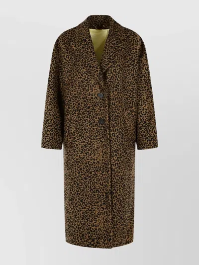 Golden Goose Single-breasted Cocoon Wool Coat With Jacquard Motif In Brown