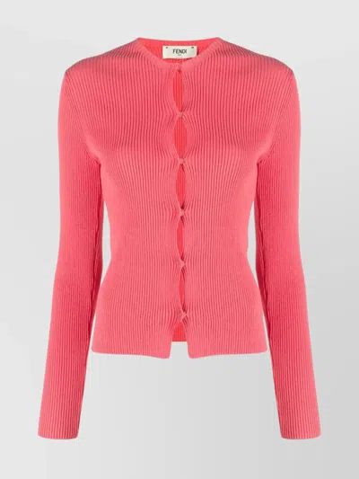 Fendi Ribbed Texture Long Sleeves Round Neck In Pink