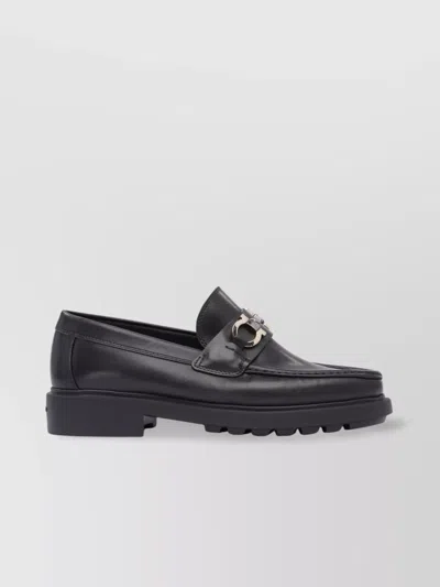 Ferragamo Leather Loafer With Gancini Metal Detail In Black